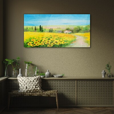 Sunflowers against a blue sky Glass art print