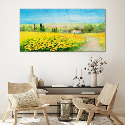 Sunflowers against a blue sky Glass art print