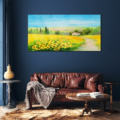 Sunflowers against a blue sky Glass art print