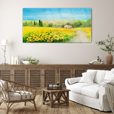 Sunflowers against a blue sky Glass art print