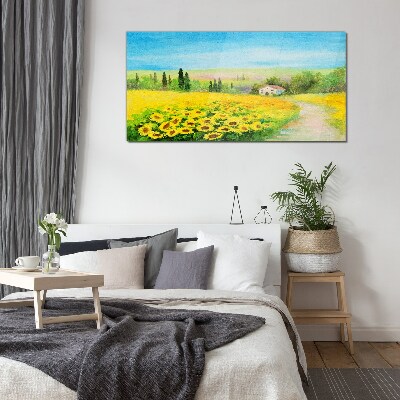 Sunflowers against a blue sky Glass art print
