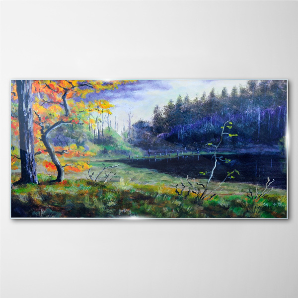 Autumn scenery by the lake Glass art print