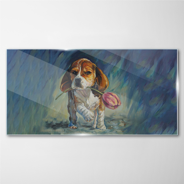 A dog with a rose against the sky Wall art on glass