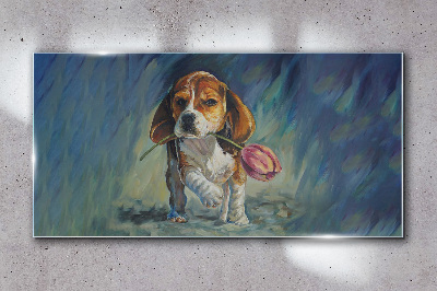 A dog with a rose against the sky Wall art on glass