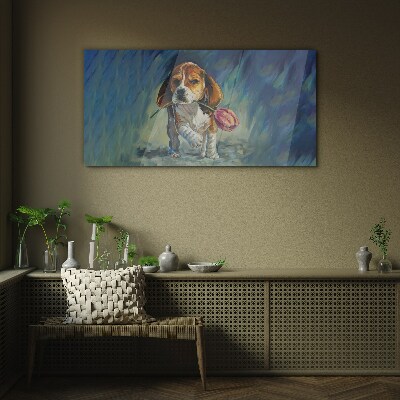 A dog with a rose against the sky Wall art on glass