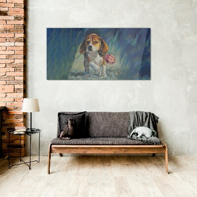 A dog with a rose against the sky Wall art on glass