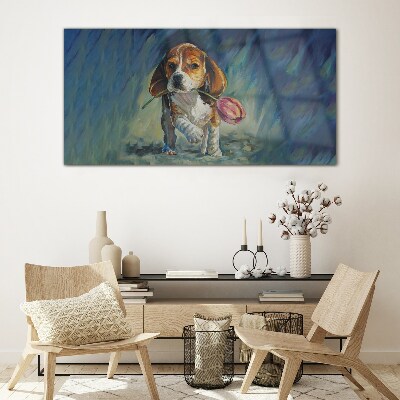 A dog with a rose against the sky Wall art on glass
