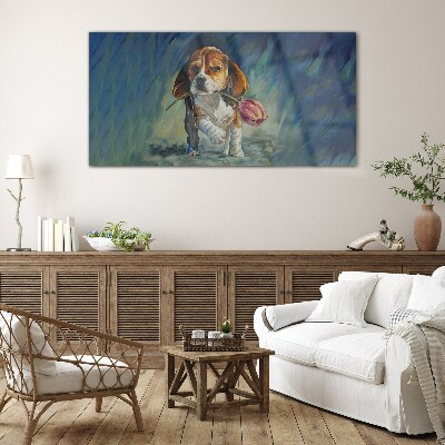 A dog with a rose against the sky Wall art on glass