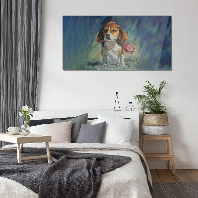 A dog with a rose against the sky Wall art on glass