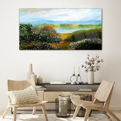 Landscape with flowering bushes Glass art print