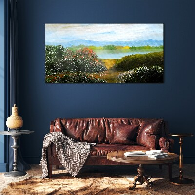 Landscape with flowering bushes Glass art print
