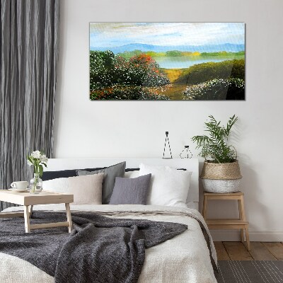 Landscape with flowering bushes Glass art print
