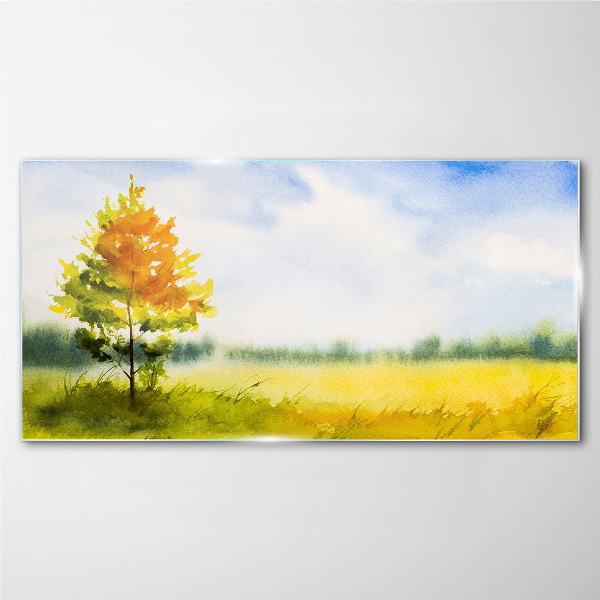 Golden autumn against the backdrop of a meadow Glass art print