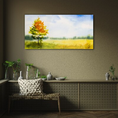 Golden autumn against the backdrop of a meadow Glass art print