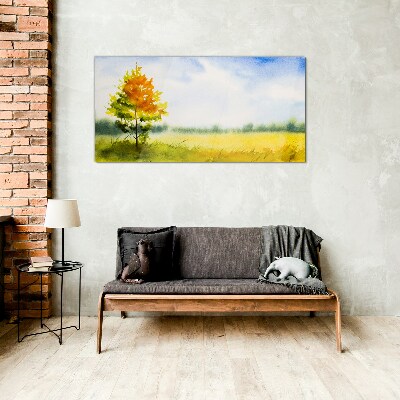 Golden autumn against the backdrop of a meadow Glass art print