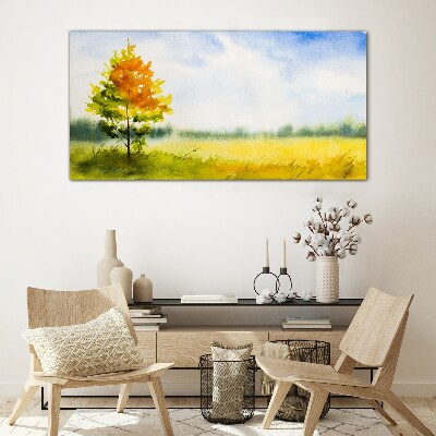 Golden autumn against the backdrop of a meadow Glass art print