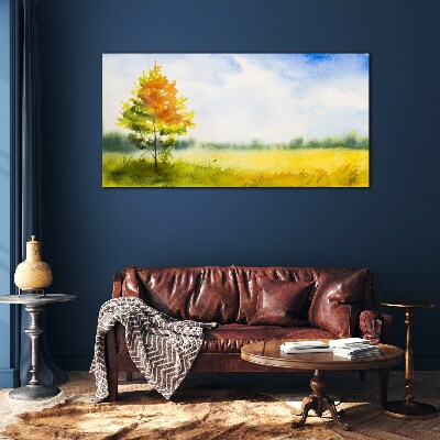 Golden autumn against the backdrop of a meadow Glass art print
