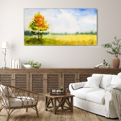 Golden autumn against the backdrop of a meadow Glass art print