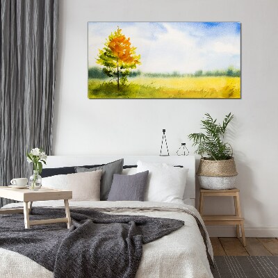 Golden autumn against the backdrop of a meadow Glass art print