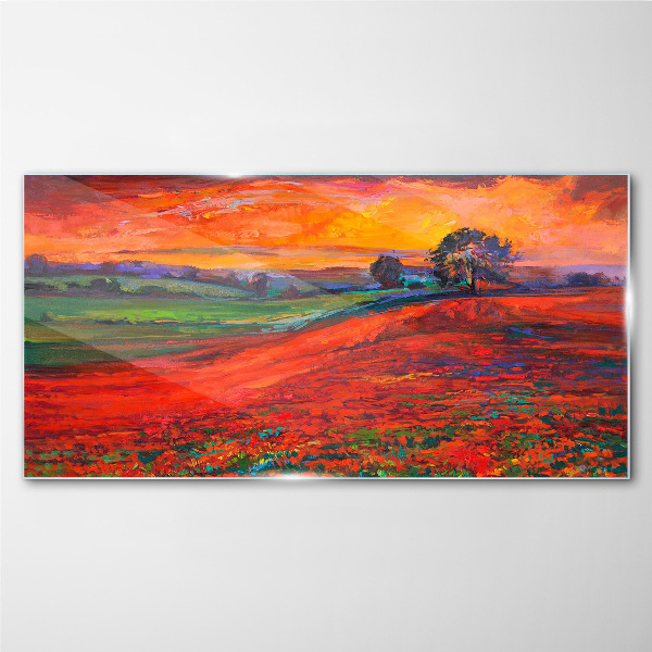 Sunset over the red field Wall art on glass
