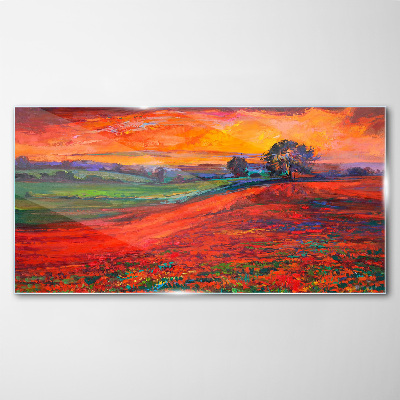 Sunset over the red field Wall art on glass