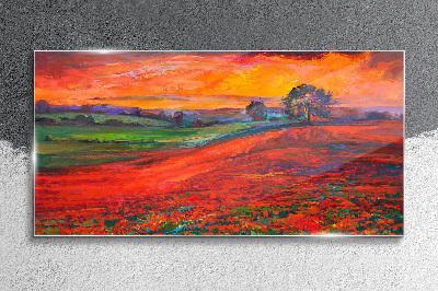 Sunset over the red field Wall art on glass
