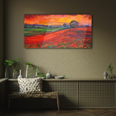 Sunset over the red field Wall art on glass