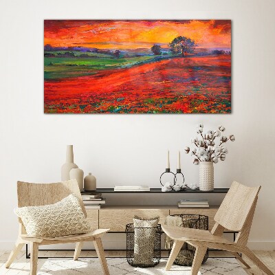 Sunset over the red field Wall art on glass