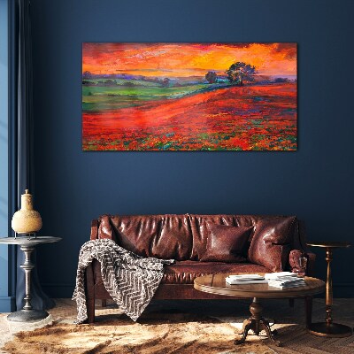 Sunset over the red field Wall art on glass