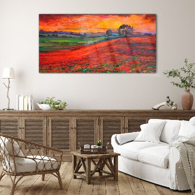 Sunset over the red field Wall art on glass