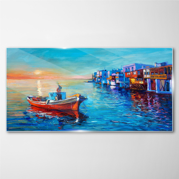 A quiet port in the setting sun Glass art print