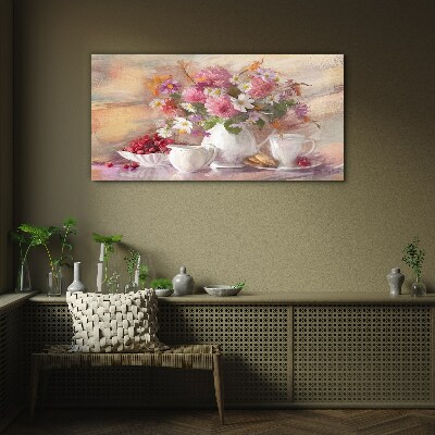 Floral arrangement on the table Glass art print