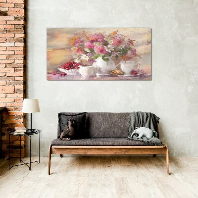 Floral arrangement on the table Glass art print