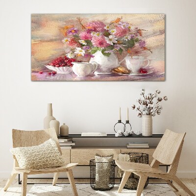 Floral arrangement on the table Glass art print