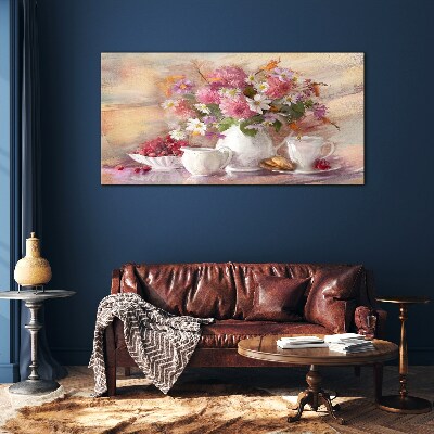 Floral arrangement on the table Glass art print