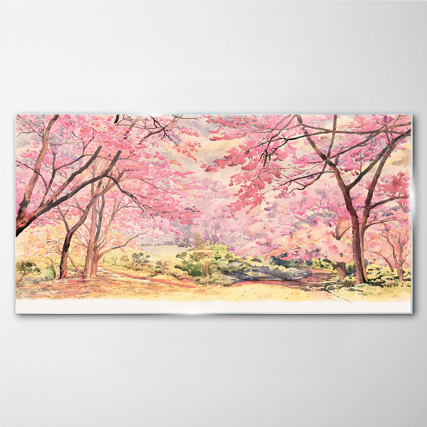 Spring landscape in shades of pink Wall art on glass