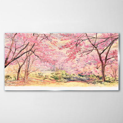Spring landscape in shades of pink Wall art on glass