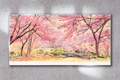 Spring landscape in shades of pink Wall art on glass
