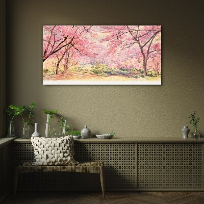 Spring landscape in shades of pink Wall art on glass