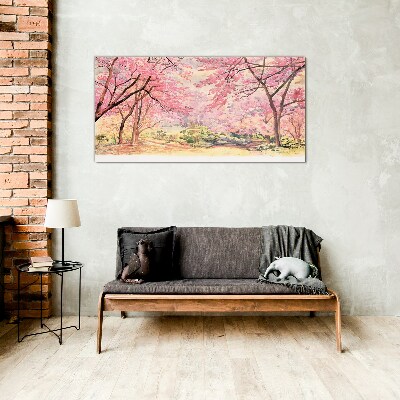 Spring landscape in shades of pink Wall art on glass