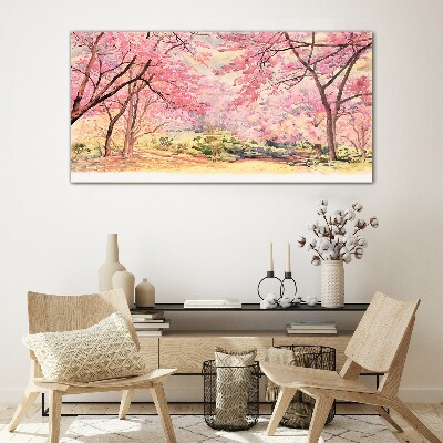Spring landscape in shades of pink Wall art on glass