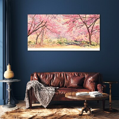 Spring landscape in shades of pink Wall art on glass