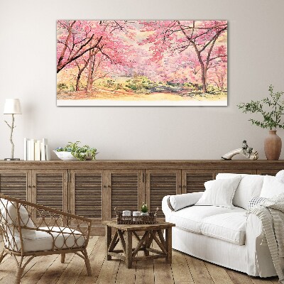 Spring landscape in shades of pink Wall art on glass