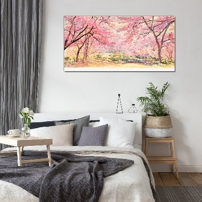 Spring landscape in shades of pink Wall art on glass