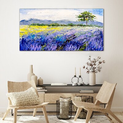 Lavender fields in the daylight Wall art on glass