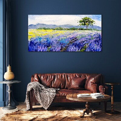 Lavender fields in the daylight Wall art on glass