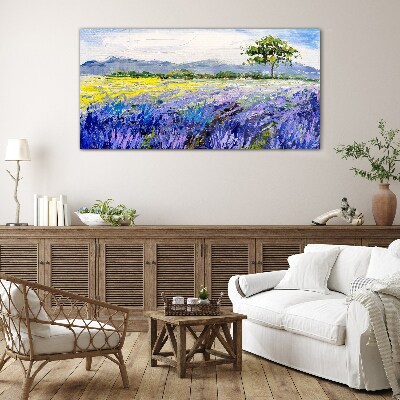 Lavender fields in the daylight Wall art on glass