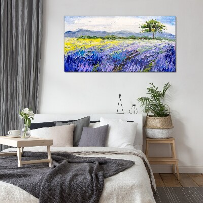 Lavender fields in the daylight Wall art on glass