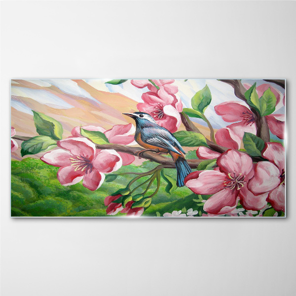 A bird against a background of spring flowers Wall art on glass
