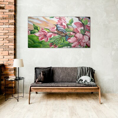 A bird against a background of spring flowers Wall art on glass